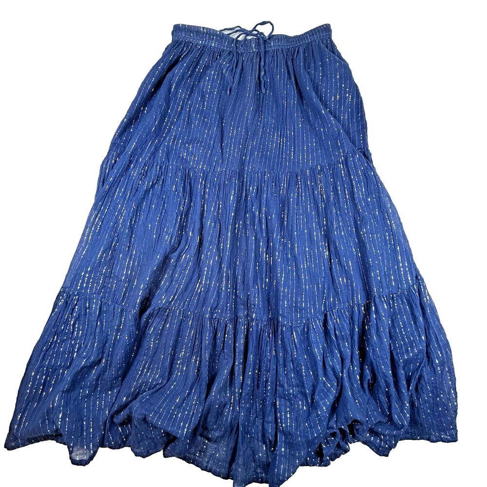Vintage Girl Talk Tiered Maxi Skirt Blue Metallic Cotton Boho Hippie Y2K Size S